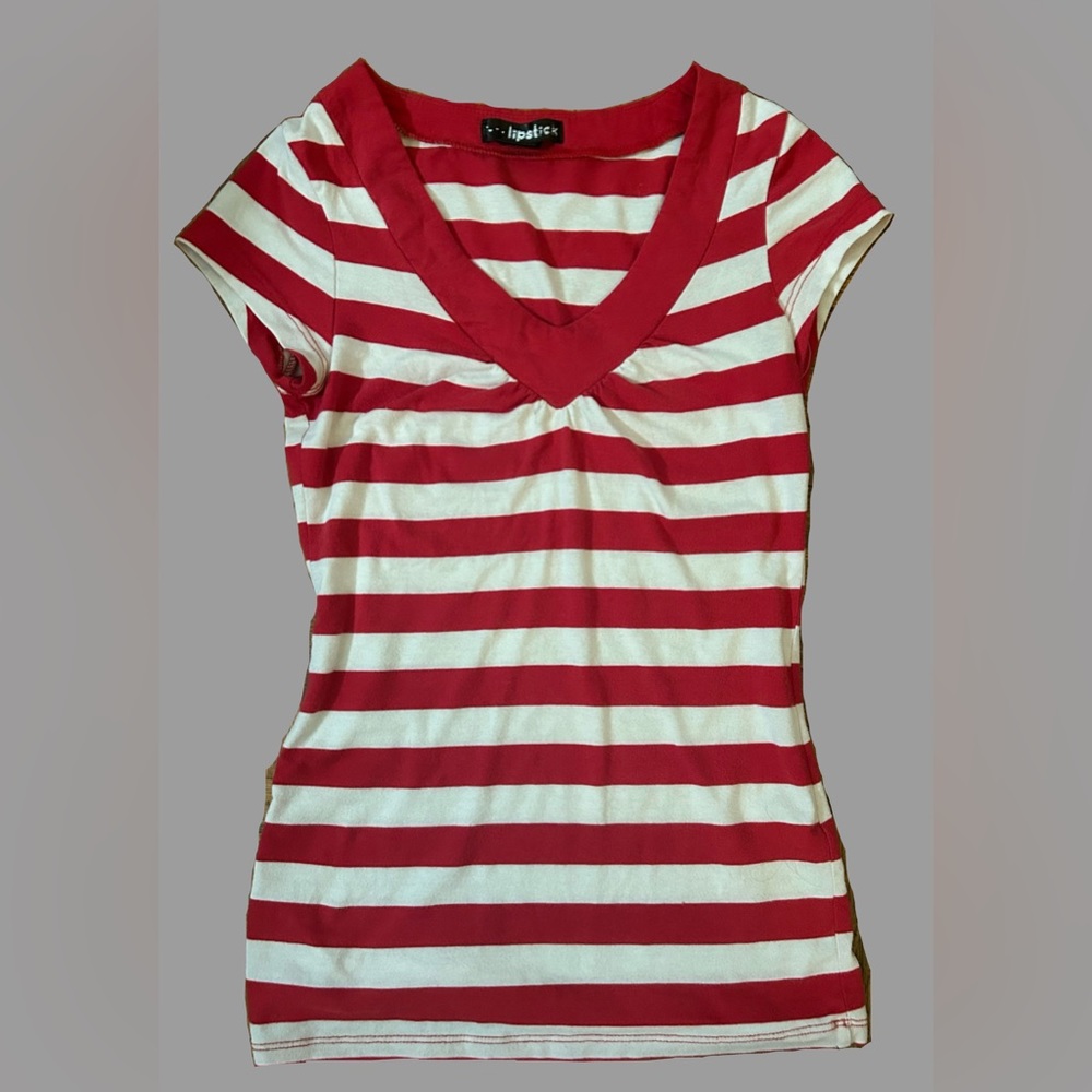 Striped v-line baby doll short sleeve shirt
